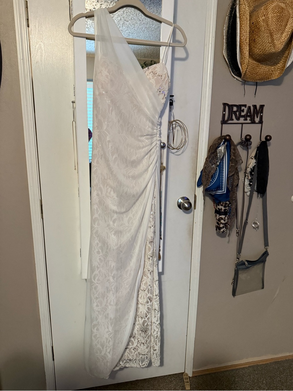 Morgan & Co. One-Shoulder White Lace Asymmetrical Gown